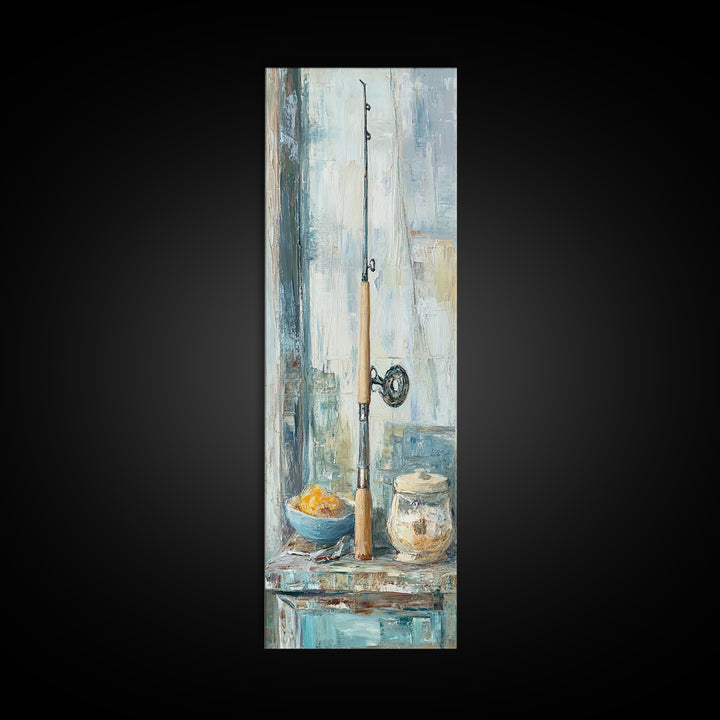 Fishing Rod Still Life Canvas Print, Rustic Lake House Wall Art, Cabin Decor, Angler Gift, Coastal Fishing Poster For Him