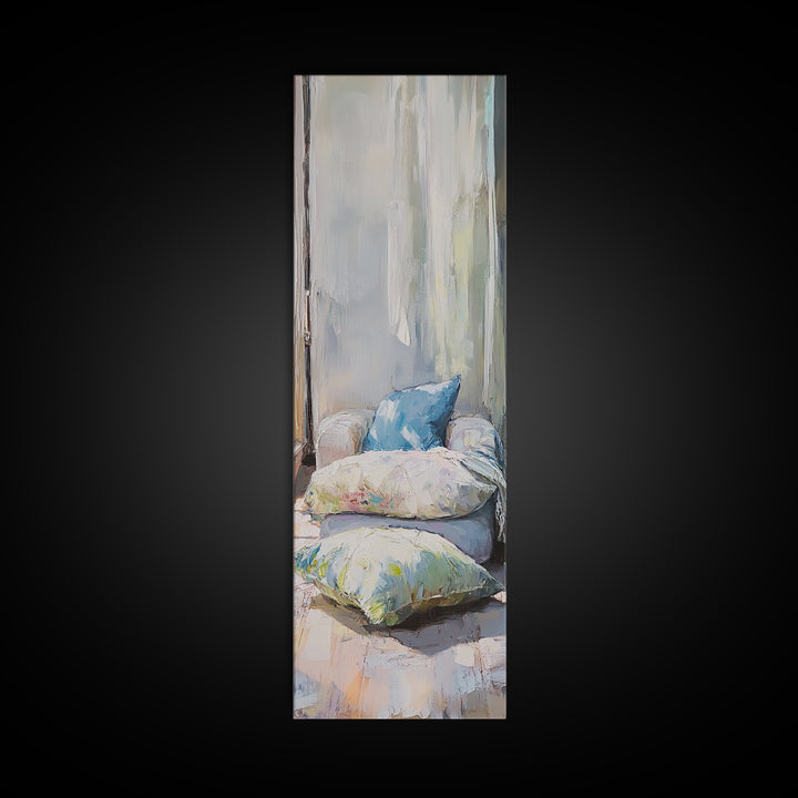 Cozy Window Pillows Framed Canvas Print, Soft Neutral Wall Art, Bedroom Decor, Above Bed Art, Guest Room Decor Gift For Her