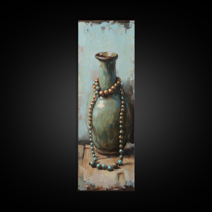Turquoise Ceramic Vase With Beaded Necklace Canvas Print, Boho Wall Art, Still Life Painting, Eclectic Home Decor Gift For Her