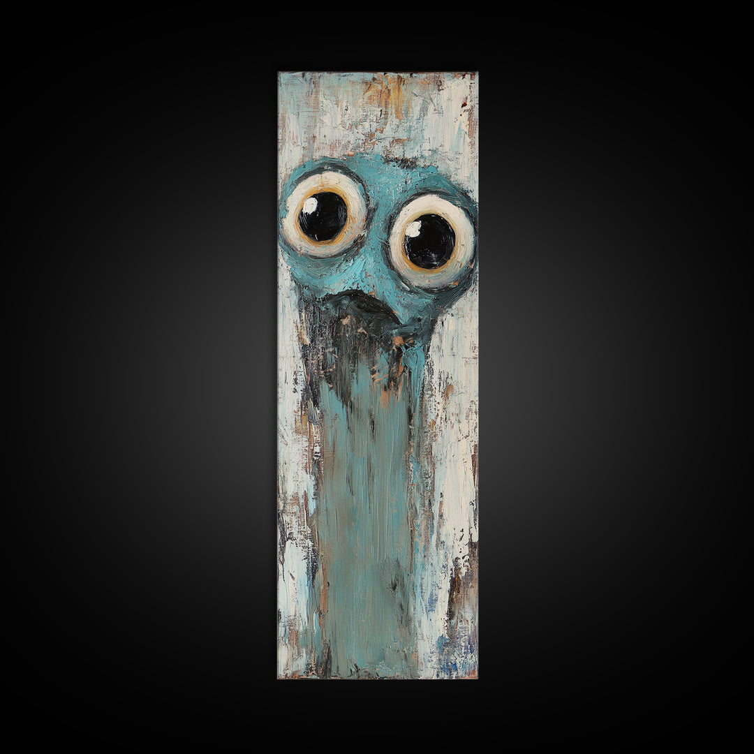 Wide Eyed Blue Owl Portrait Canvas Print, Whimsical Animal Wall Art, Quirky Nursery Decor, Funny Bird Gift For Kids Room Decor