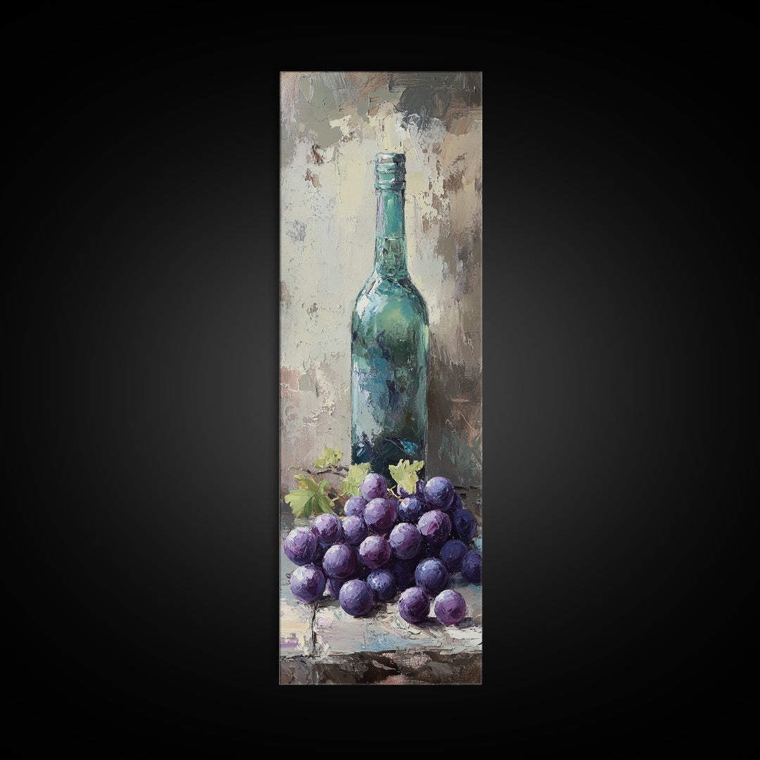 Teal Wine Bottle With Purple Grapes Canvas Print, Winery Wall Art, Rustic Kitchen Decor, Still Life Art For Dining Room Decor