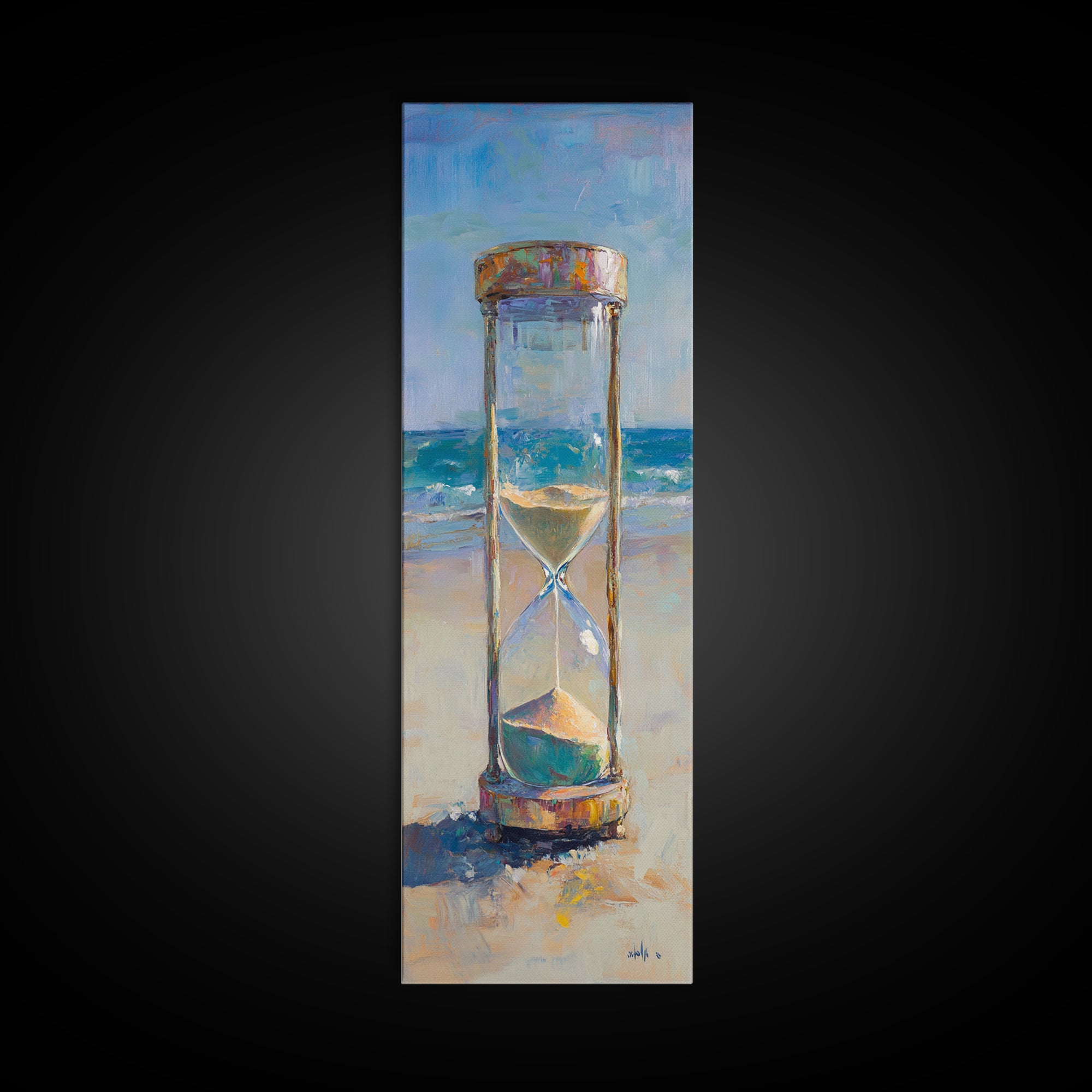 Beach Hourglass On Sandy Shore Canvas Print, Coastal Oil Painting, Nautical Ocean Wall Decor For Beach House Living Room