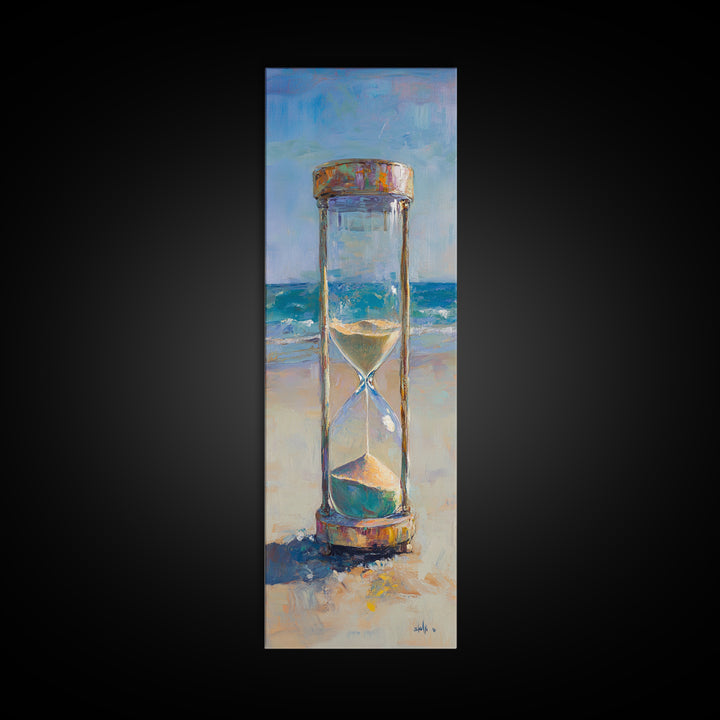 Beach Hourglass On Sandy Shore Canvas Print, Coastal Oil Painting, Nautical Ocean Wall Decor For Beach House Living Room