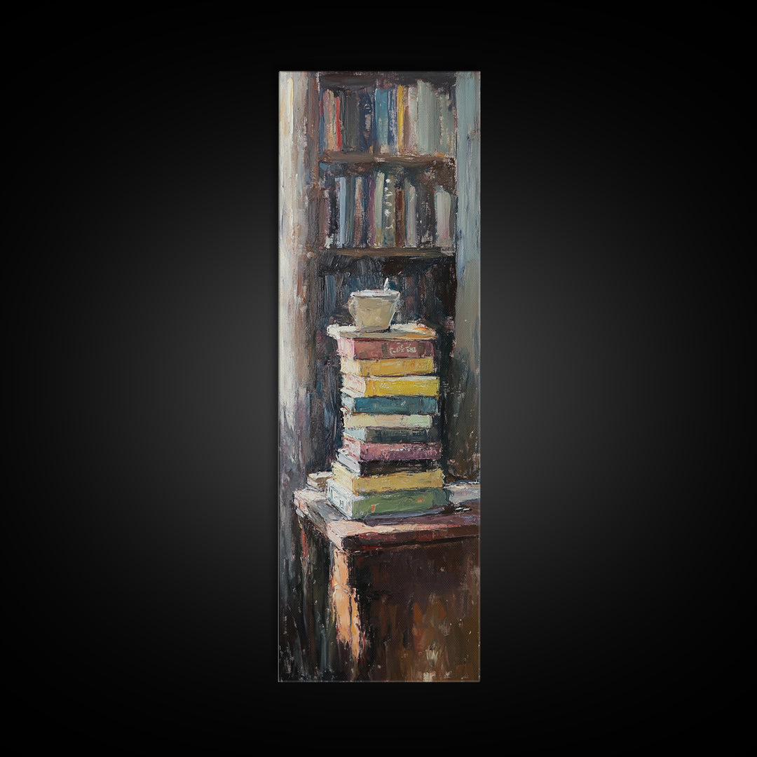 Stack Of Books And Coffee Mug Wall Art, Cozy Library Oil Painting Print, Book Lover Reading Nook Home Office Decor Gift For Readers