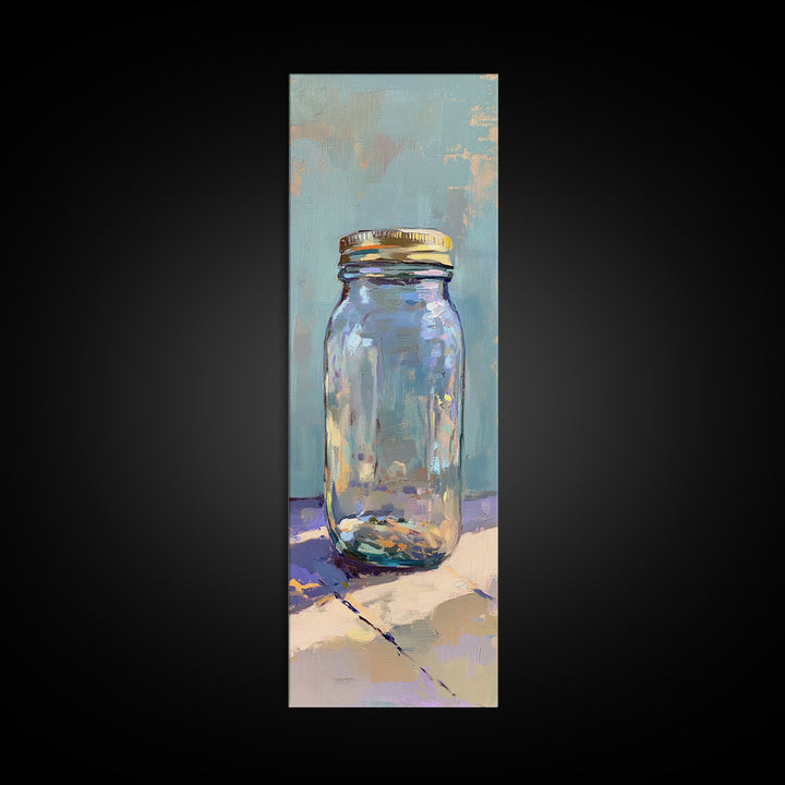 Clear Mason Jar On Blue Table Wall Art, Modern Rustic Still Life Oil Painting Print, Minimal Farmhouse Kitchen Home Decor Gift