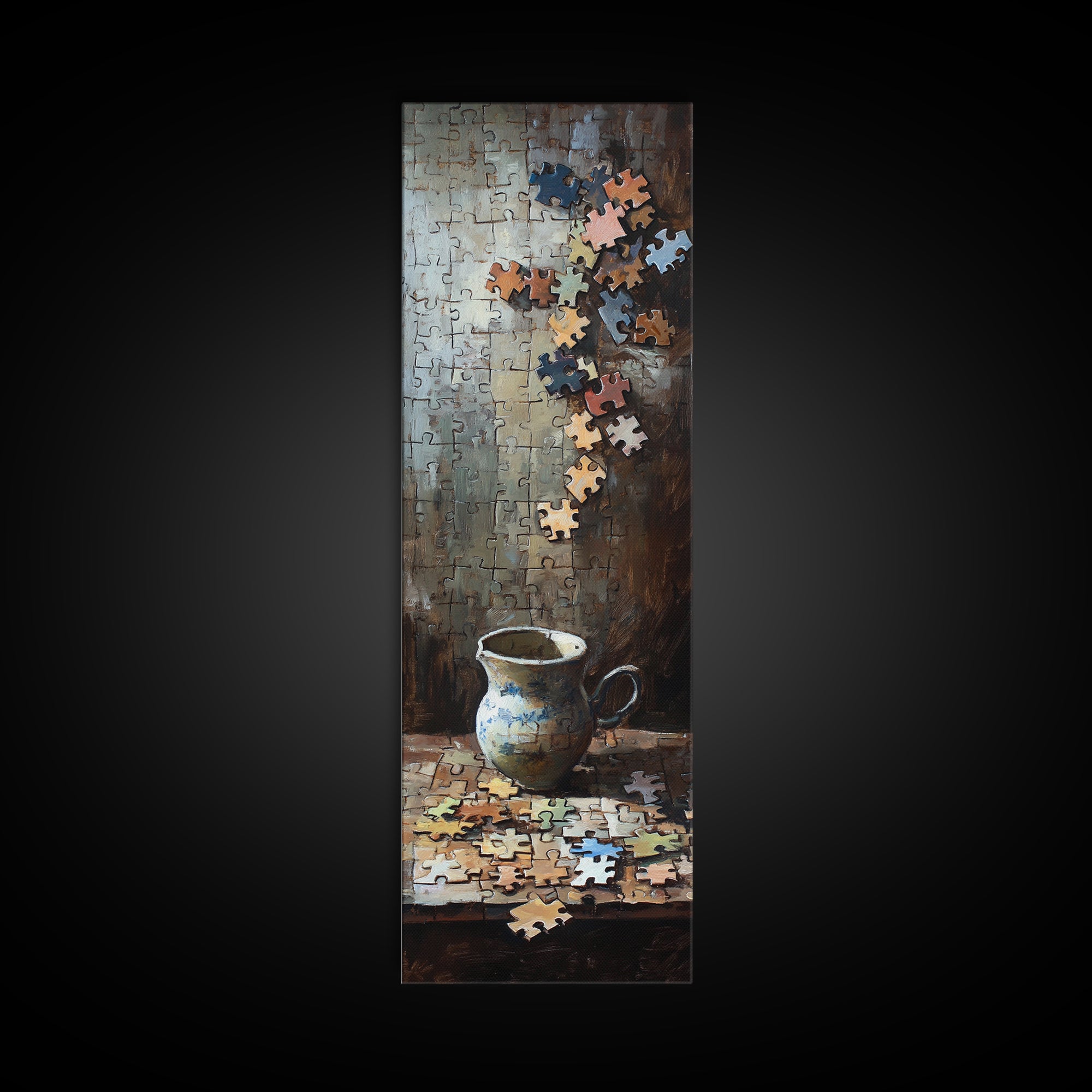 Floating Puzzle Pieces And Teacup Wall Art, Whimsical Still Life Oil Painting Print, Eclectic Game Room Home Decor Gift Idea