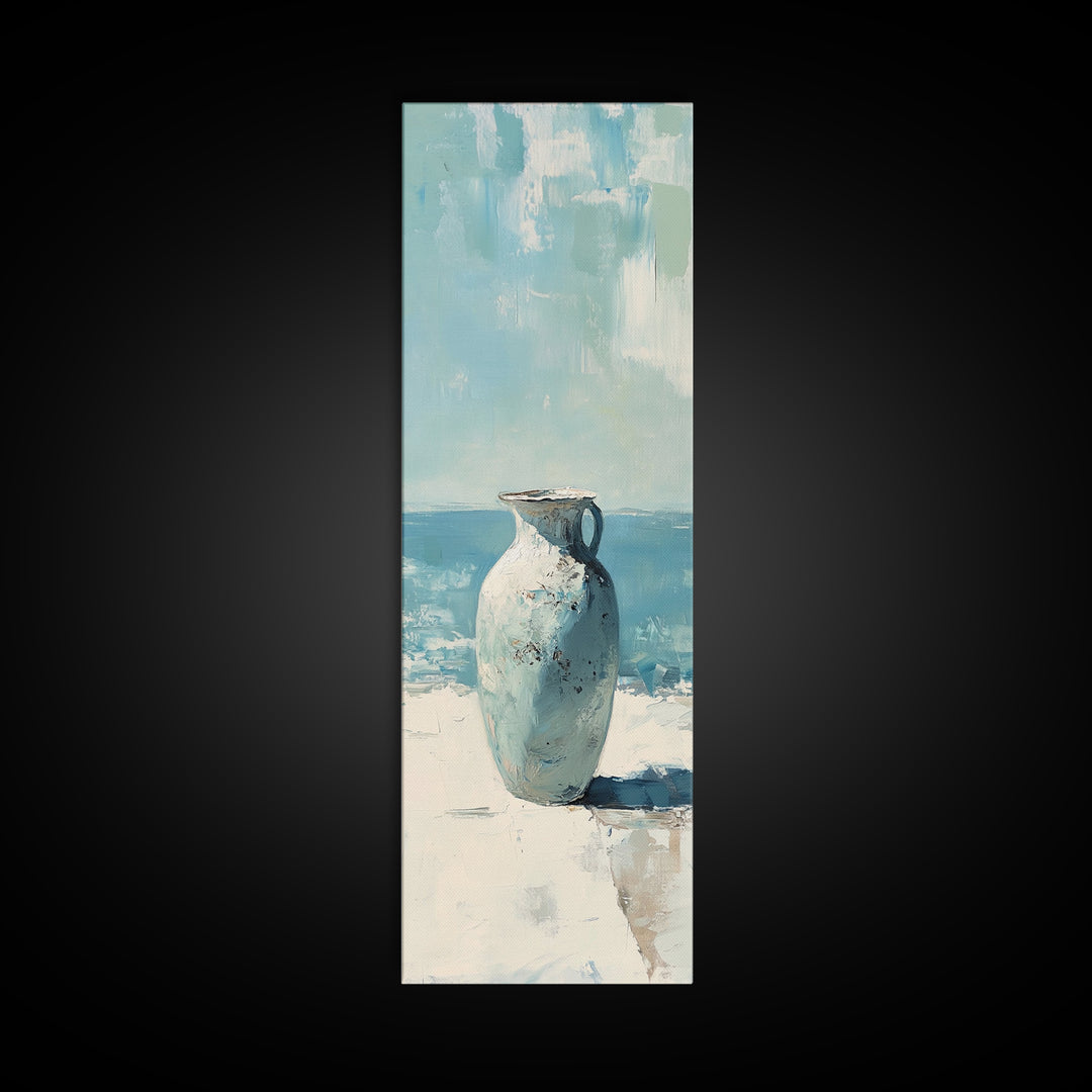 White Ceramic Vase By The Sea Canvas Print, Coastal Wall Art, Minimalist Ocean Decor, Beach House Living Room Art, Neutral Home Decor
