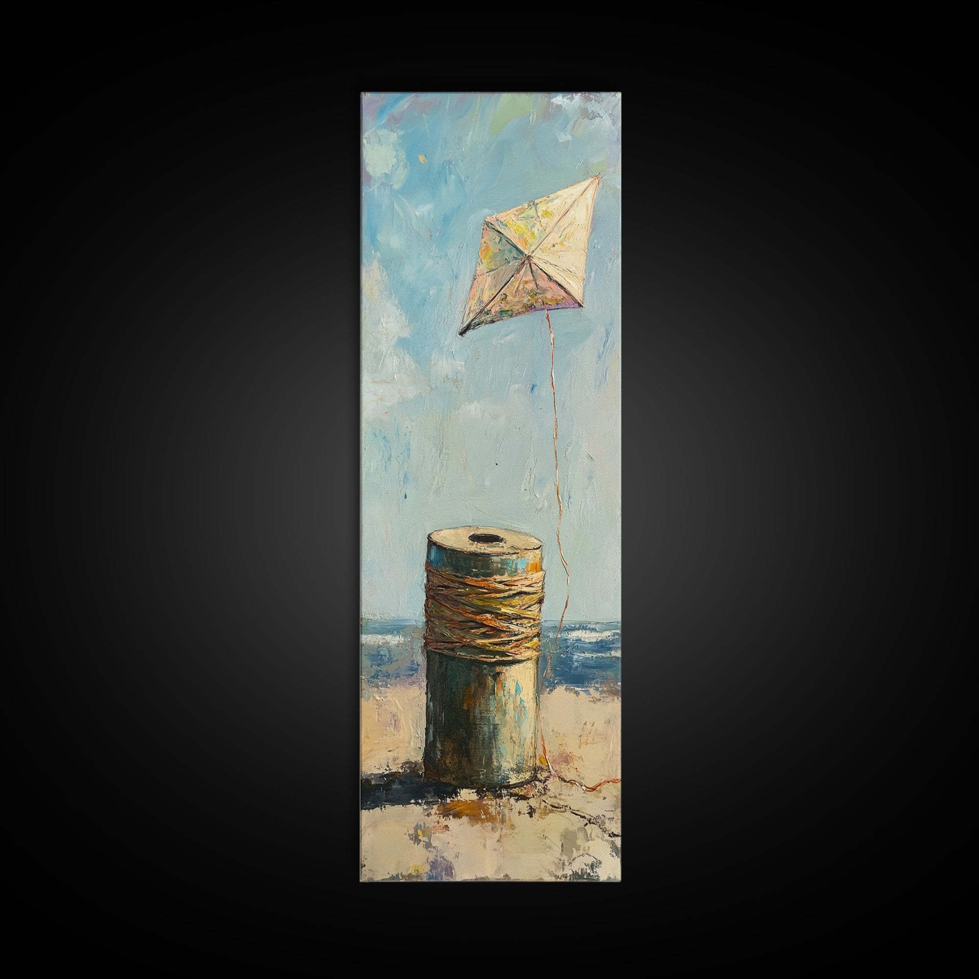 Weathered Spool And Kite Wall Art, Coastal Canvas Print, Beach House Decor, Nautical Wall Decor, Whimsical Ocean Art Print