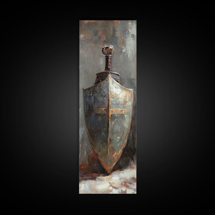 Medieval Shield And Sword Wall Art, Dark Academia Canvas Print, Rustic Gothic Decor, Fantasy Armor Painting, Masculine Office Art