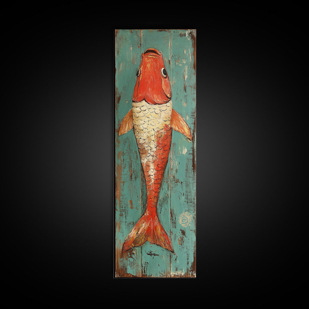 Red Koi Fish On Turquoise Wood Wall Art, Nautical Coastal Canvas Print, Rustic Beach House Decor, Ocean Lover Gift For Him
