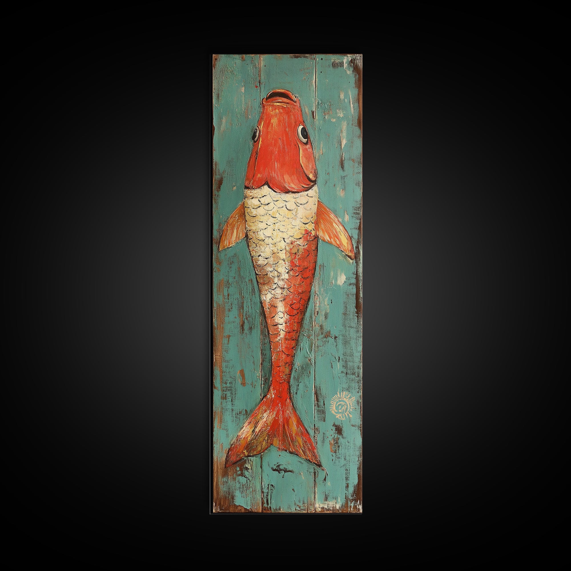Red Koi Fish On Turquoise Wood Wall Art, Nautical Coastal Canvas Print, Rustic Beach House Decor, Ocean Lover Gift For Him