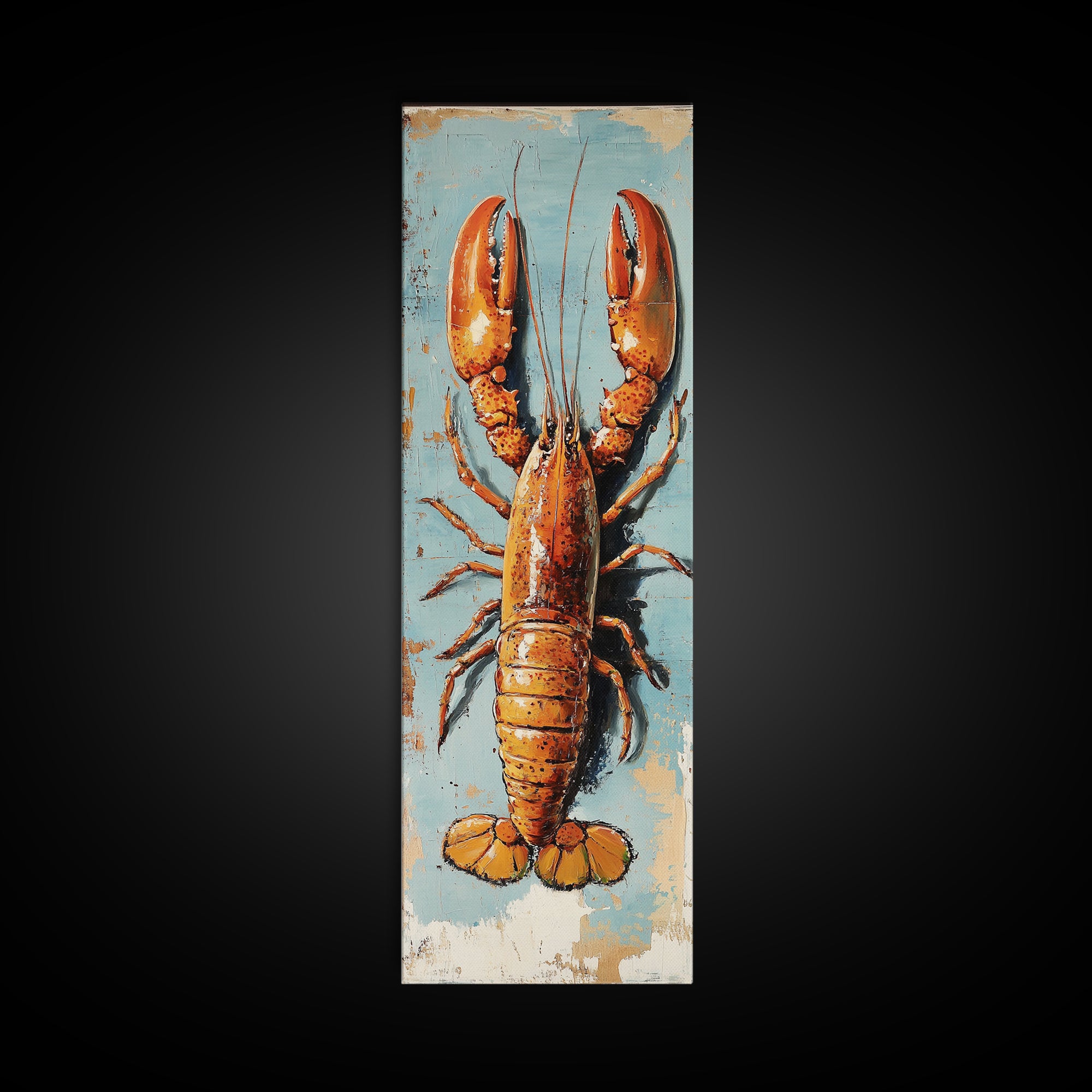 Orange Lobster On Weathered Blue Wall Art, Coastal Kitchen Decor, Nautical Canvas Print, Seafood Wall Decor, Beach House Gift