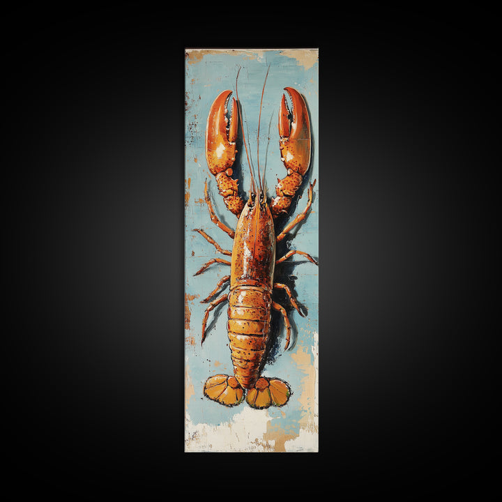 Orange Lobster On Weathered Blue Wall Art, Coastal Kitchen Decor, Nautical Canvas Print, Seafood Wall Decor, Beach House Gift