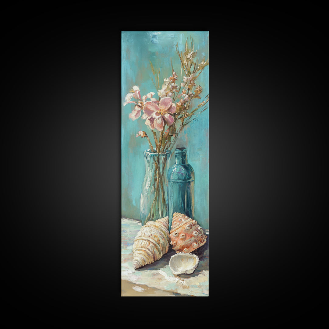 Coastal Seashells And Blue Bottles Wall Art, Beach Canvas Print, Nautical Decor, Ocean Wall Art, Beach House Gift For Her