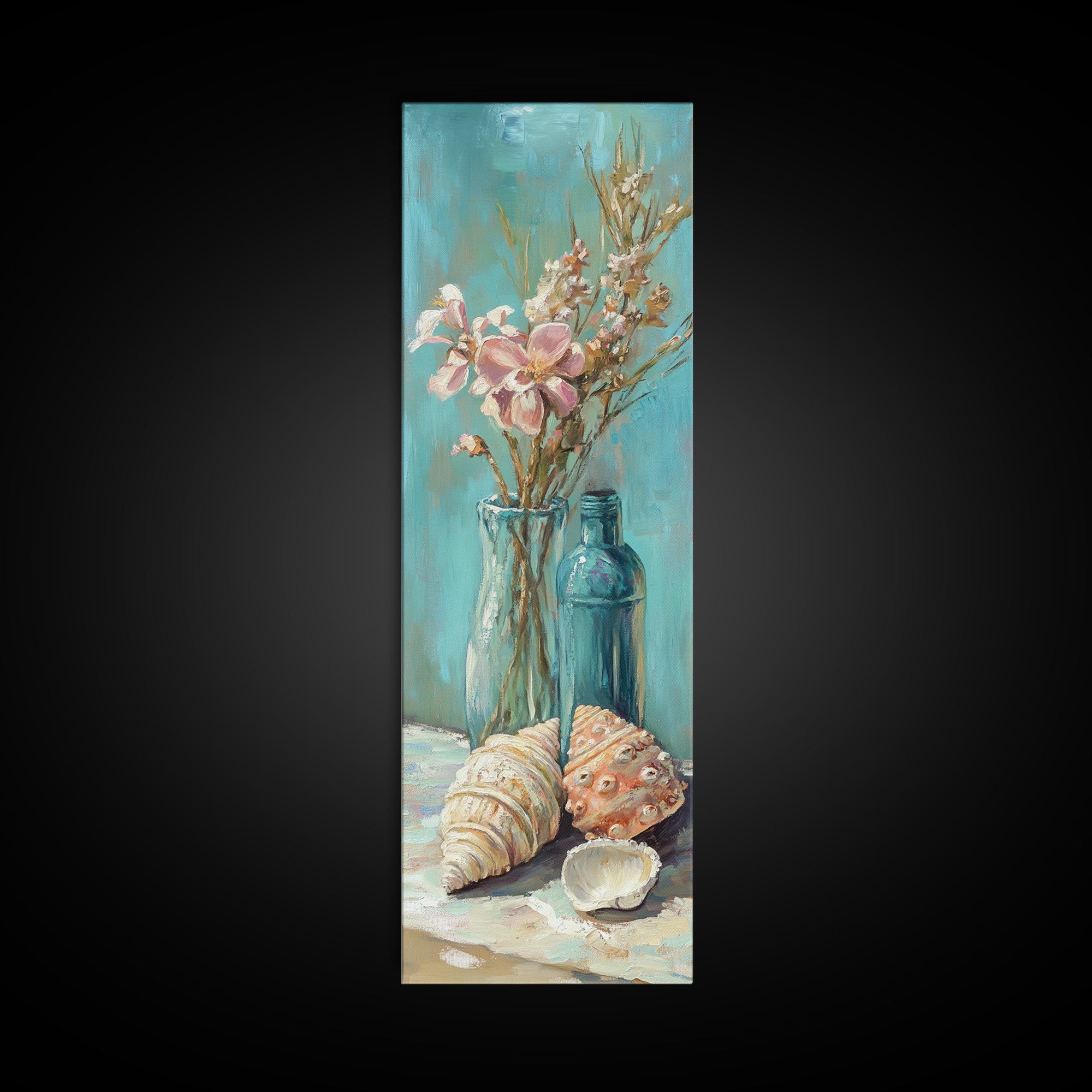 Coastal Seashells And Blue Bottles Wall Art, Beach Canvas Print, Nautical Decor, Ocean Wall Art, Beach House Gift For Her