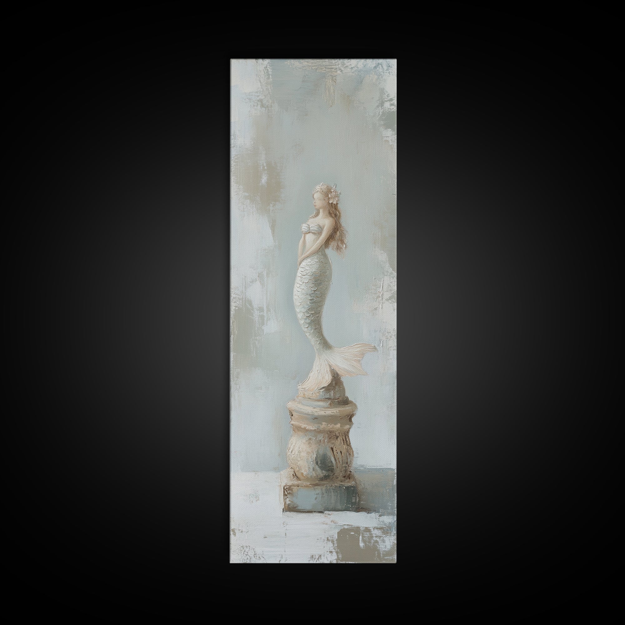 White Mermaid Statue Coastal Wall Art, Nautical Bathroom Canvas Print, Beach House Decor, Feminine Fantasy Gift For Her Home