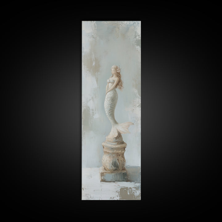White Mermaid Statue Coastal Wall Art, Nautical Bathroom Canvas Print, Beach House Decor, Feminine Fantasy Gift For Her Home