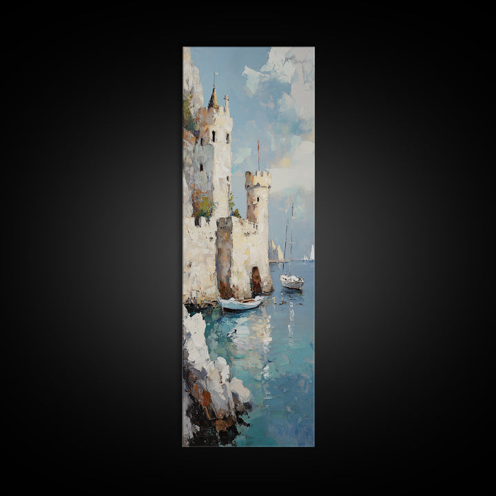 Seaside Castle With Sailboats Canvas Print, Coastal Wall Art, Mediterranean Decor, Lake Como Art, Nautical Living Room Decor