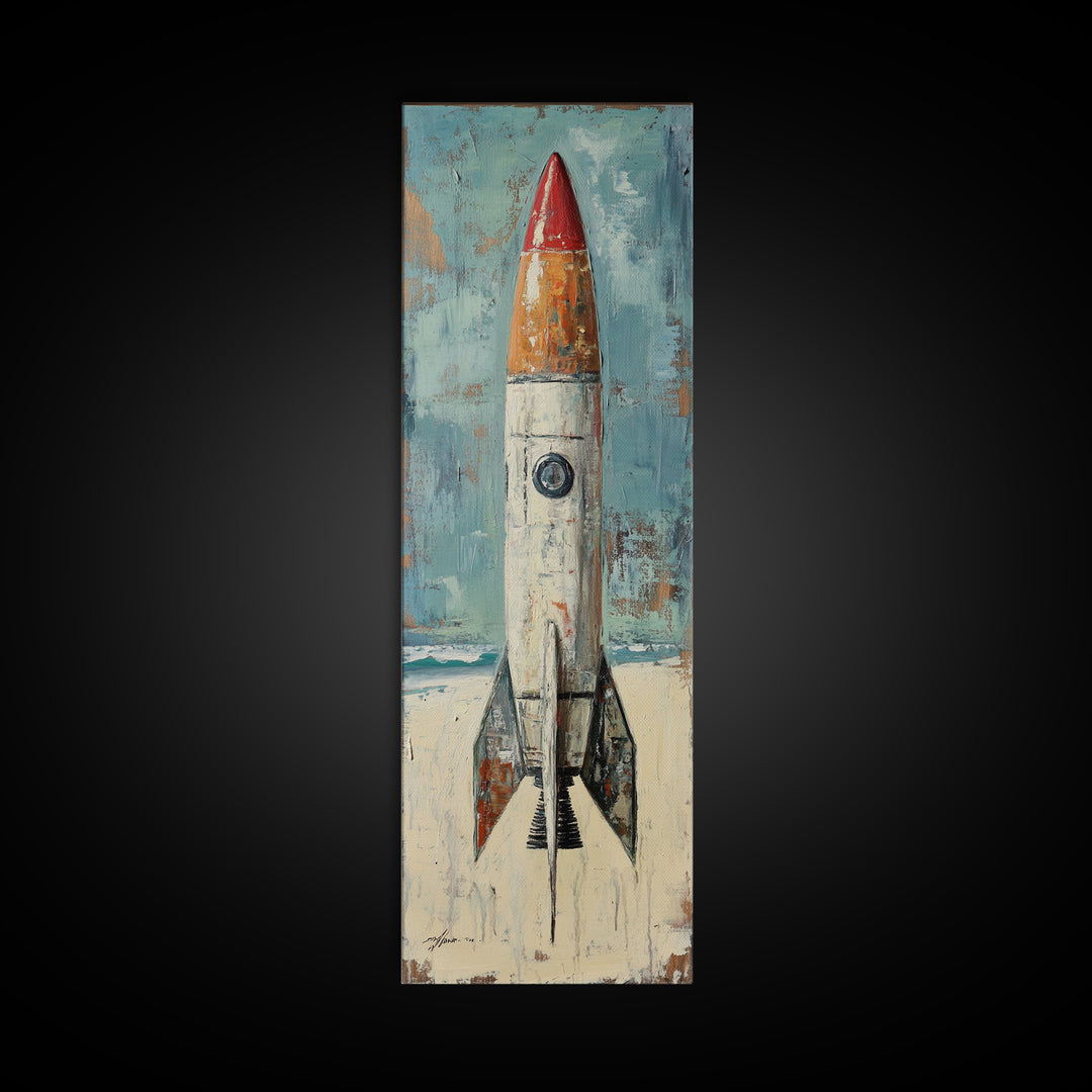 Retro Red Rocket Ship Canvas Print, Space Wall Art, Futuristic Wall Decor, Kids Room Decor, Sci Fi Nursery Art Gift For Boys