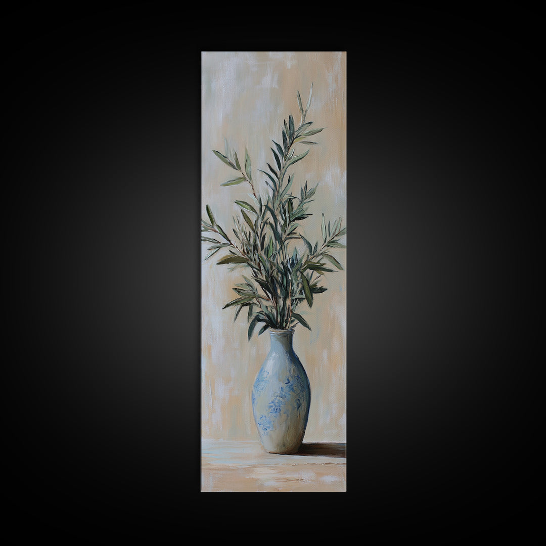 Olive Branches In Blue Vase Framed Canvas Print, Botanical Wall Art, Neutral Wall Decor, Mediterranean Home Decor Gift For Her