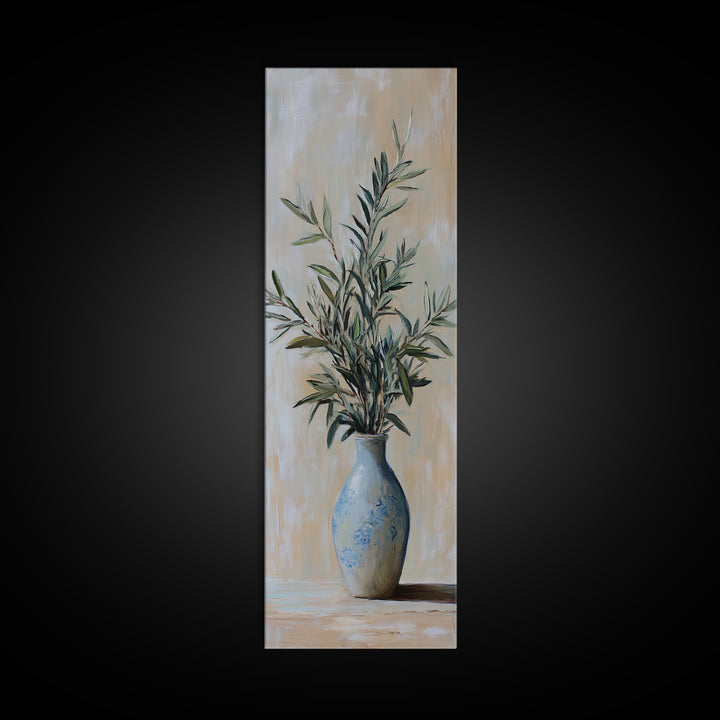 Olive Branches In Blue Vase Framed Canvas Print, Botanical Wall Art, Neutral Wall Decor, Mediterranean Home Decor Gift For Her