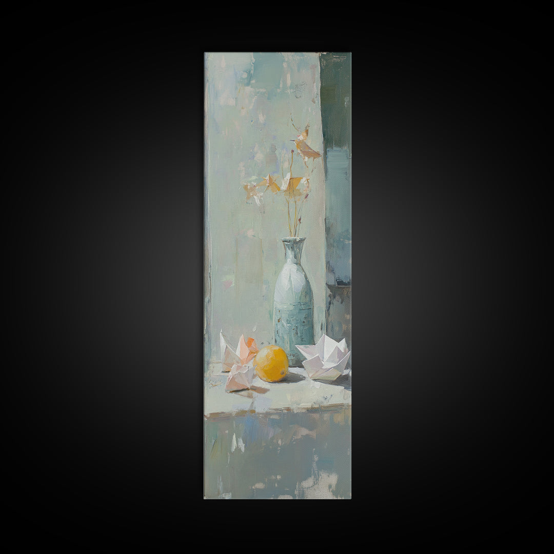Blue Vase With Paper Cranes And Lemon Wall Art, Soft Still Life Canvas Print For Kitchen Decor And Neutral Home Decor Gift