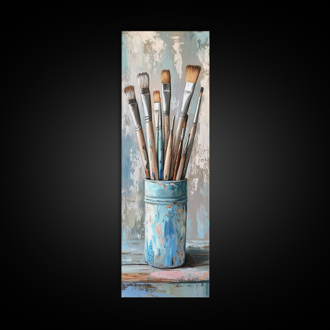 Paint Brushes In Blue Tin Wall Art, Artist Studio Canvas Print For Office Decor, Creative Home Decor And Gift For Art Lover