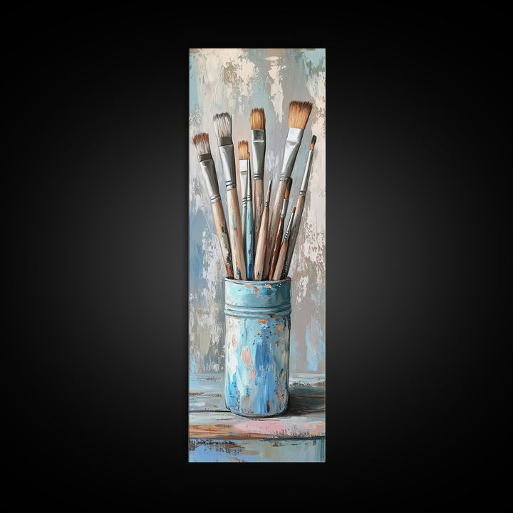 Paint Brushes In Blue Tin Wall Art, Artist Studio Canvas Print For Office Decor, Creative Home Decor And Gift For Art Lover