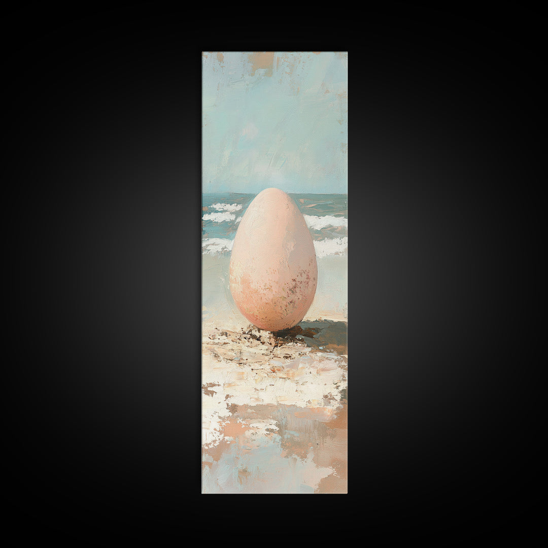Speckled Egg On Sandy Beach Canvas Print, Surreal Coastal Wall Art For Beach House Decor, Ocean Wall Decor And Unique Gift
