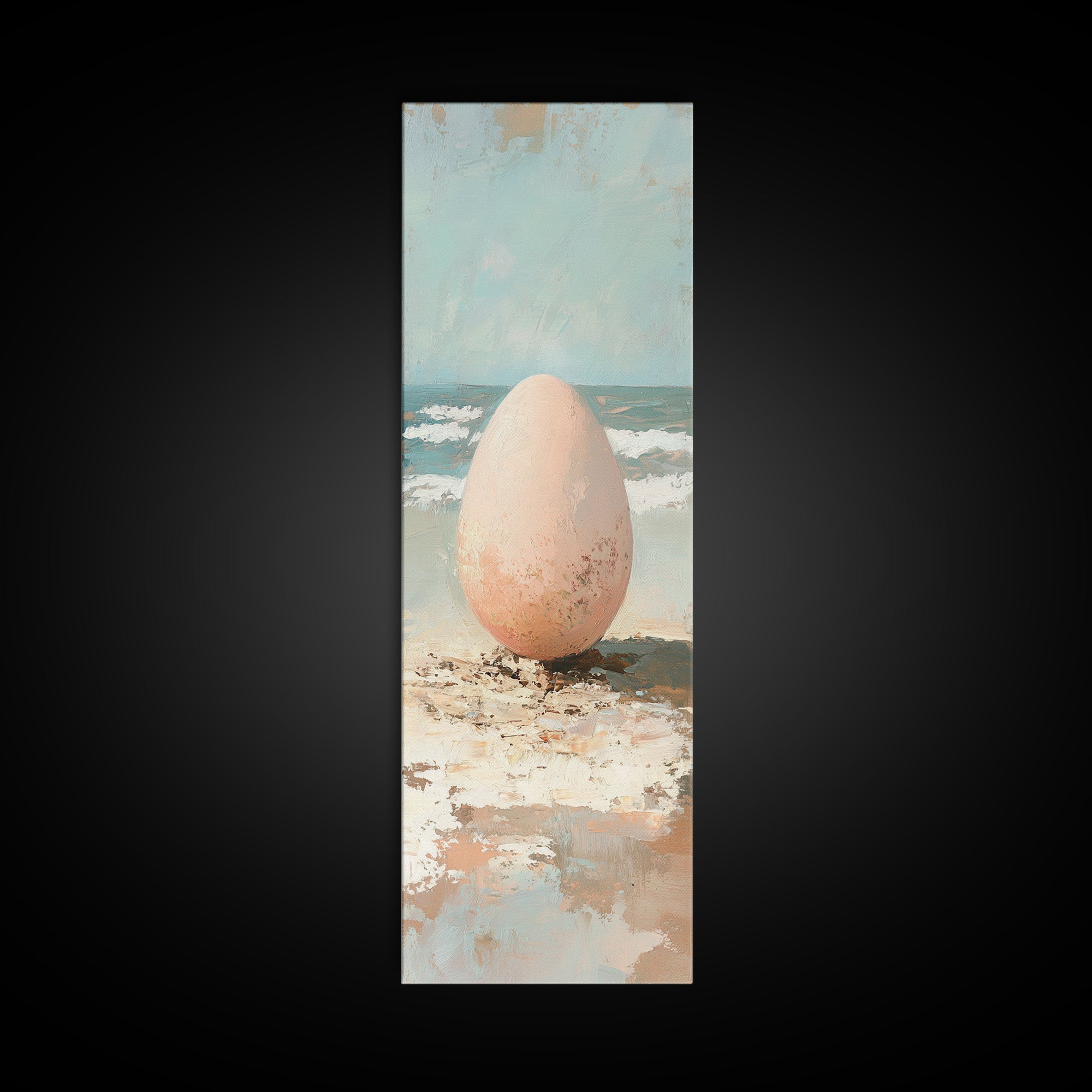 Speckled Egg On Sandy Beach Canvas Print, Surreal Coastal Wall Art For Beach House Decor, Ocean Wall Decor And Unique Gift