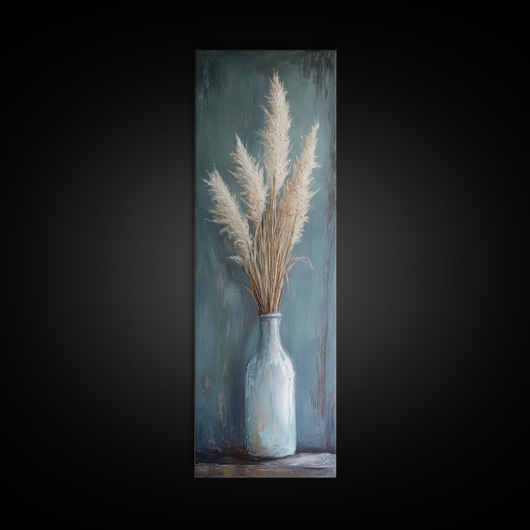 Pampas Grass In Blue Vase Framed Canvas Print, Neutral Wall Art For Living Room Decor, Boho Home Decor And Rustic Gift For Her