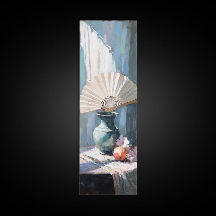 White Folding Fan Over Blue Vase Wall Art, Japandi Canvas Print For Bedroom Decor, Elegant Still Life And Modern Home Decor