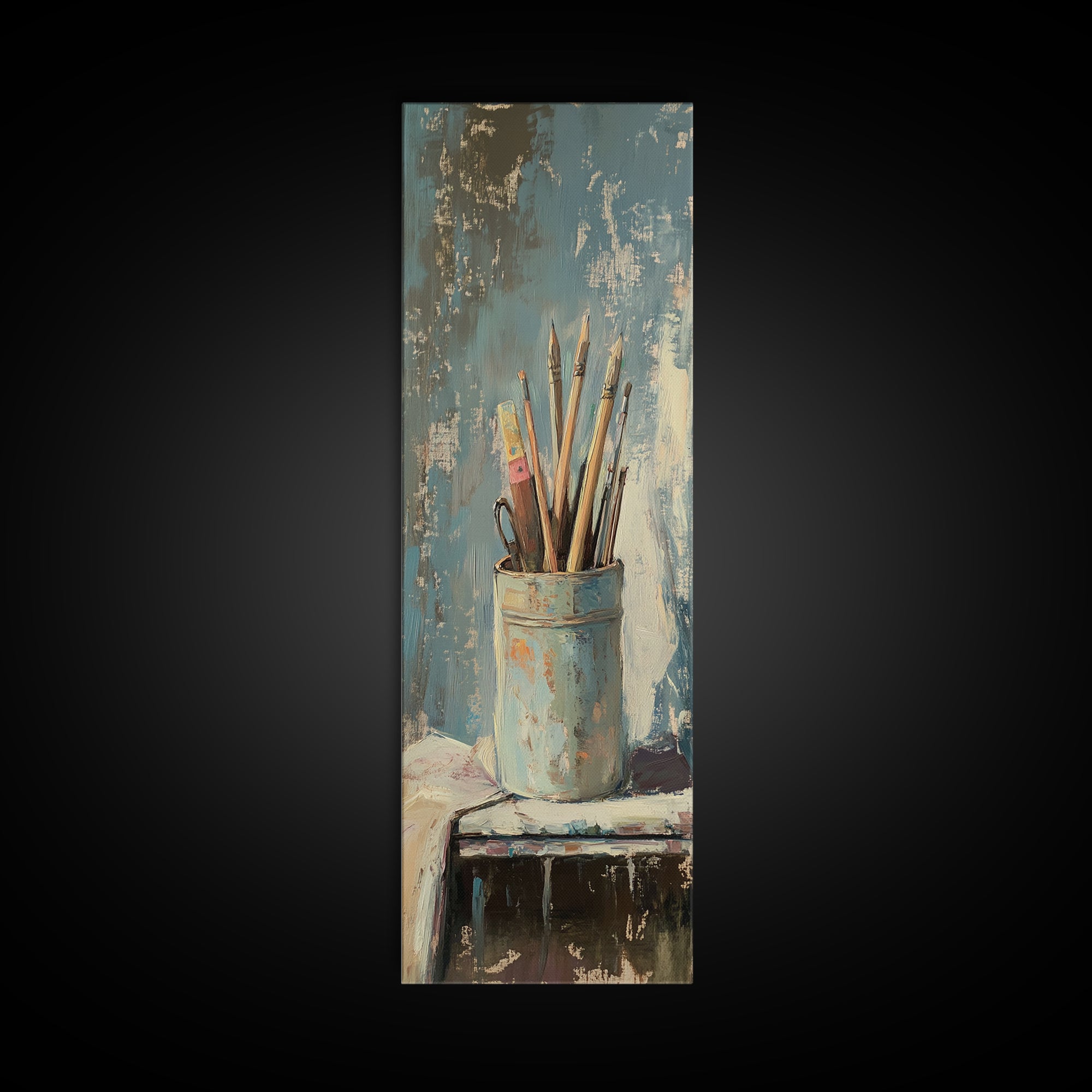 Paintbrushes In Blue Cup Wall Art, Artist Studio Canvas Print, Rustic Creative Office Decor For Art Lover Gift And Home Decor