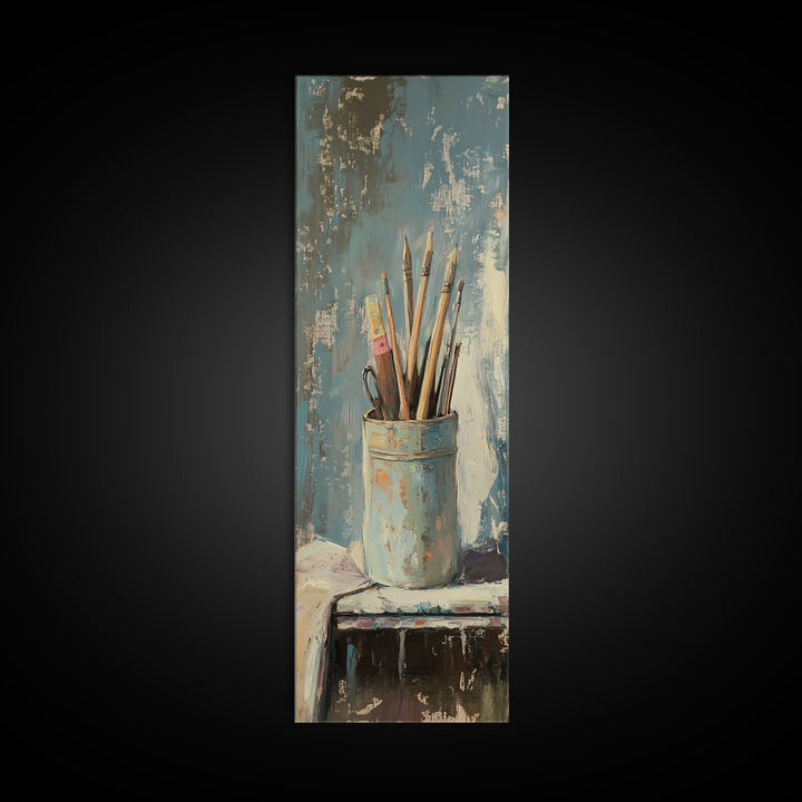 Paintbrushes In Blue Cup Wall Art, Artist Studio Canvas Print, Rustic Creative Office Decor For Art Lover Gift And Home Decor