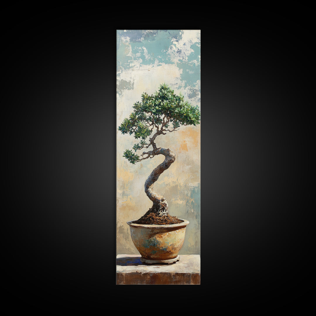 Bonsai Tree In Ceramic Pot Framed Canvas Print, Japanese Zen Wall Art, Nature Inspired Decor For Office And Meditation Room