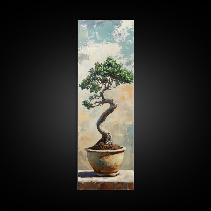 Bonsai Tree In Ceramic Pot Framed Canvas Print, Japanese Zen Wall Art, Nature Inspired Decor For Office And Meditation Room