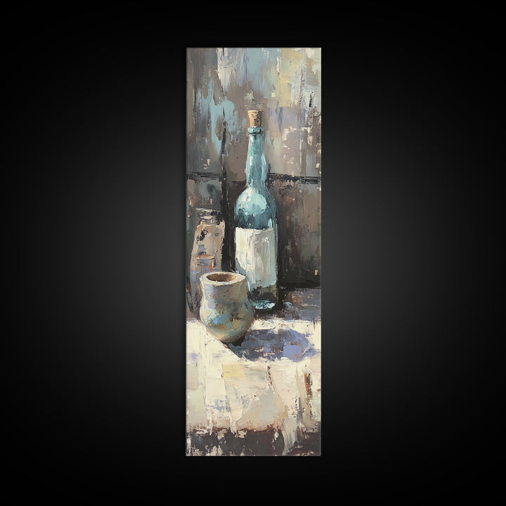 Blue Bottle And Ceramic Cup Still Life Canvas Print, Moody Kitchen Wall Art, Rustic Dining Room Decor, Coffee Bar Gift For Her