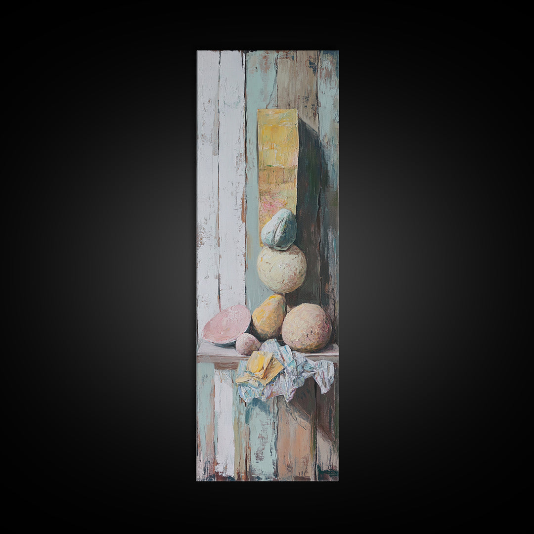 Pastel Stone Stack Still Life Framed Canvas Print, Wabi Sabi Wall Art, Neutral Rustic Decor, Organic Modern Art Gift For Her