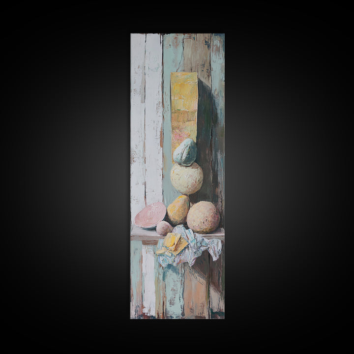 Pastel Stone Stack Still Life Framed Canvas Print, Wabi Sabi Wall Art, Neutral Rustic Decor, Organic Modern Art Gift For Her