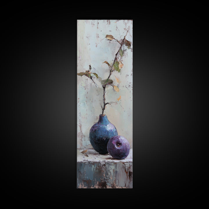 Rustic Blue Vase And Purple Fruit Still Life Wall Art, Textured Botanical Canvas Print For Kitchen And Living Room Decor