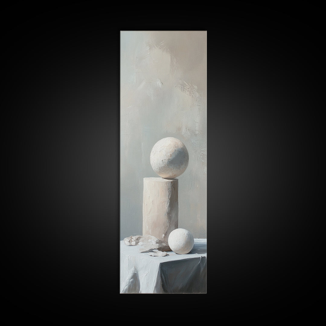 Minimalist White Sphere And Column Still Life Wall Art, Neutral Abstract Canvas Print For Modern Office Decor And Home Decor