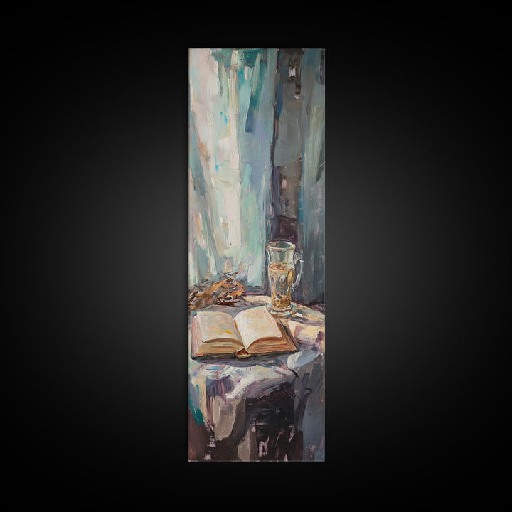 Open Book And Wine Glass By Window Wall Art, Moody Reading Nook Canvas Print For Library Decor, Home Office Decor And Book Lover Gift