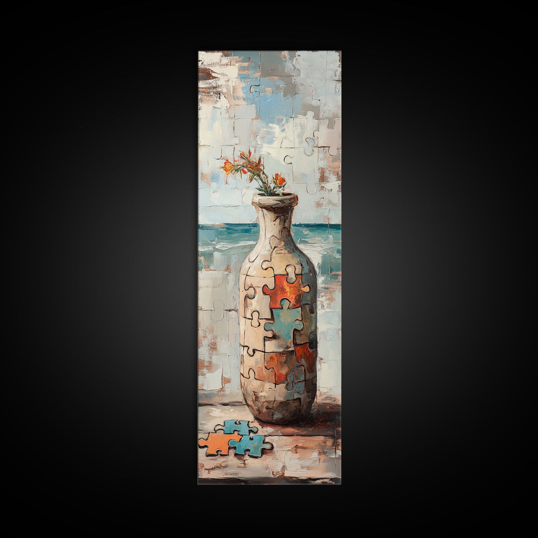 Puzzle Piece Vase With Wildflowers Canvas Print, Whimsical Wall Art, Eclectic Home Decor, Colorful Art, Statement Wall Art