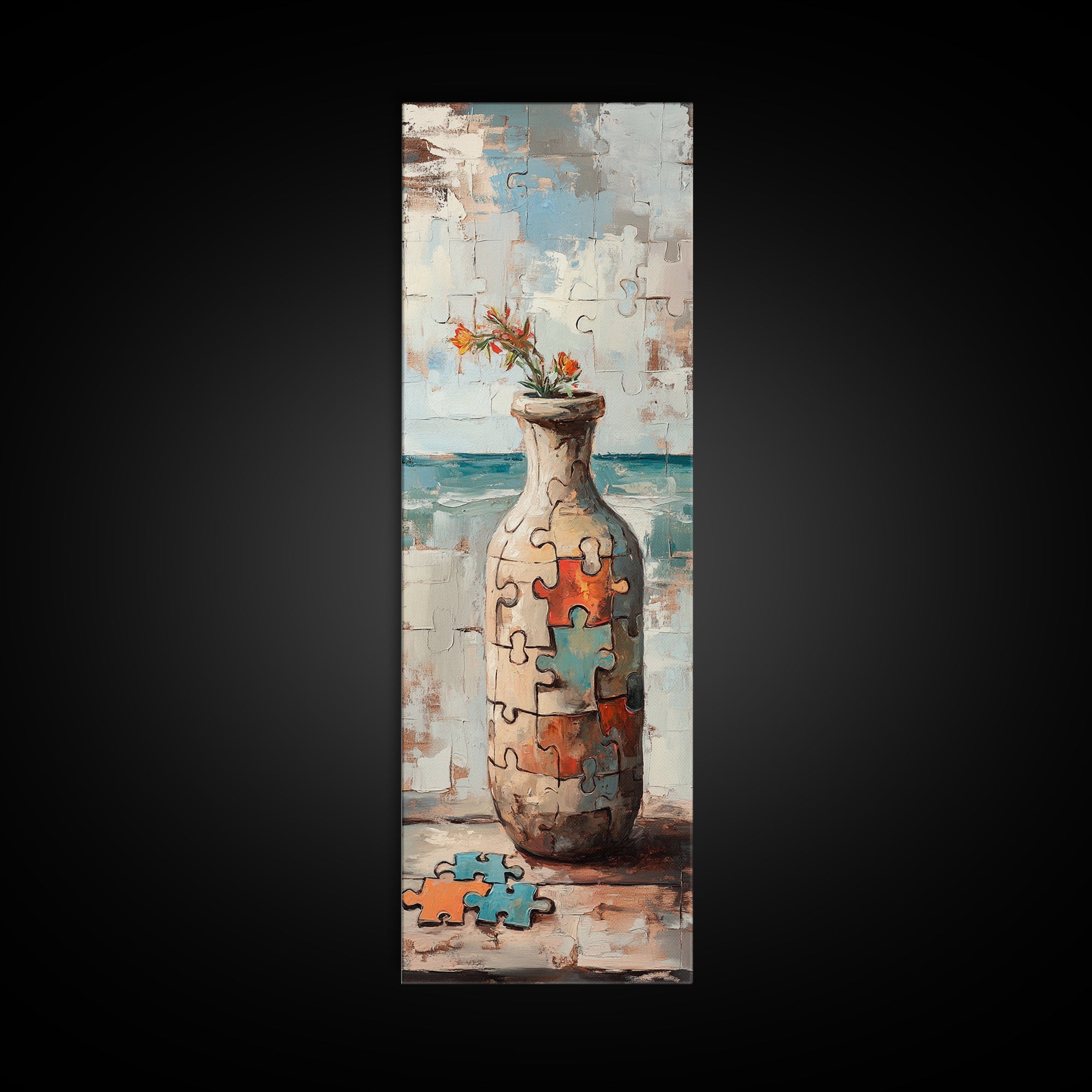 Puzzle Piece Vase With Wildflowers Canvas Print, Whimsical Wall Art, Eclectic Home Decor, Colorful Art, Statement Wall Art