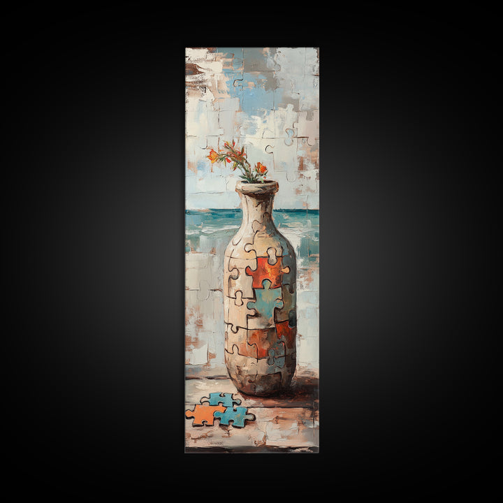 Puzzle Piece Vase With Wildflowers Canvas Print, Whimsical Wall Art, Eclectic Home Decor, Colorful Art, Statement Wall Art