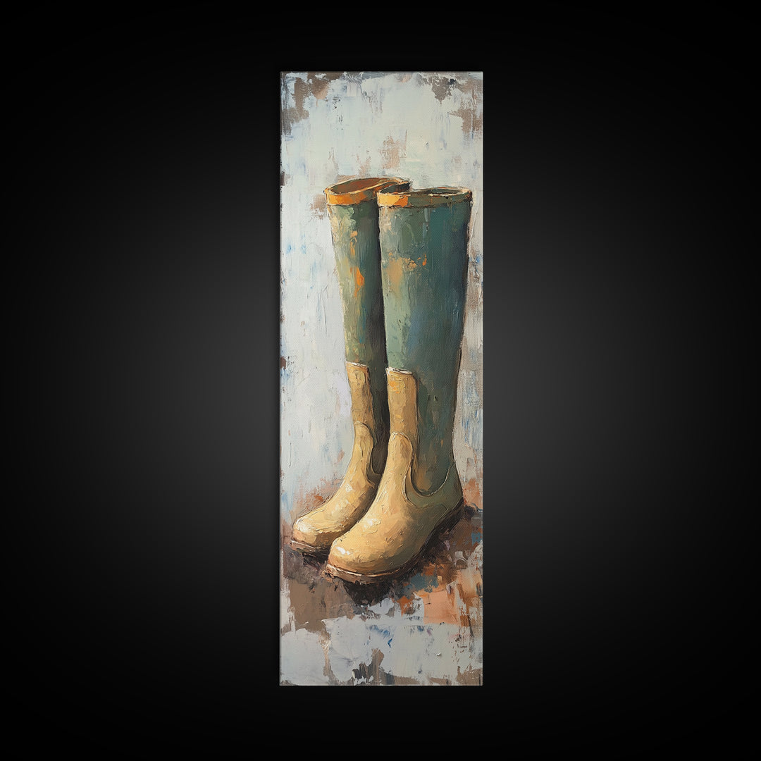 Tall Green Rain Boots Oil Painting Canvas Print, Rustic Farmhouse Decor, Country Wall Art, Mudroom Housewarming Gift For Her