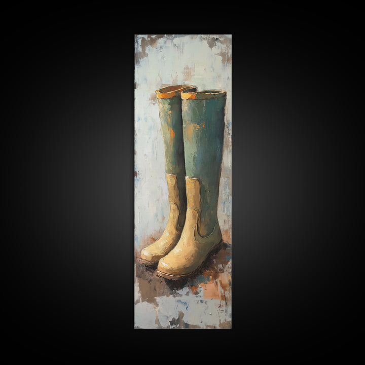 Tall Green Rain Boots Oil Painting Canvas Print, Rustic Farmhouse Decor, Country Wall Art, Mudroom Housewarming Gift For Her