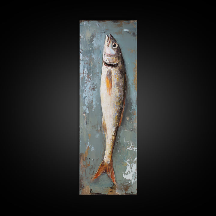 Single Silver Fish Still Life Canvas Print, Nautical Kitchen Wall Art, Coastal Home Decor, Seafood Gift For Fisherman Art Print