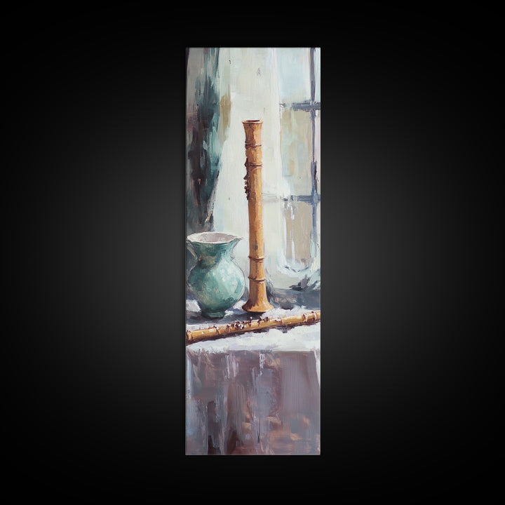 Turquoise Vase And Bamboo Flute Still Life Framed Canvas Print, Japandi Wall Art, Zen Home Decor, Calming Office Art Print