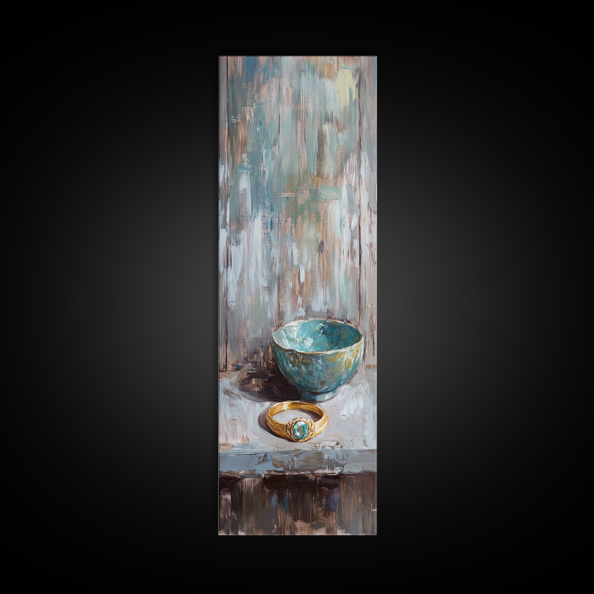 Turquoise Bowl With Gold Ring Oil Painting Canvas Print, Wabi Sabi Wall Art, Rustic Boho Home Decor, Unique Gift For Her